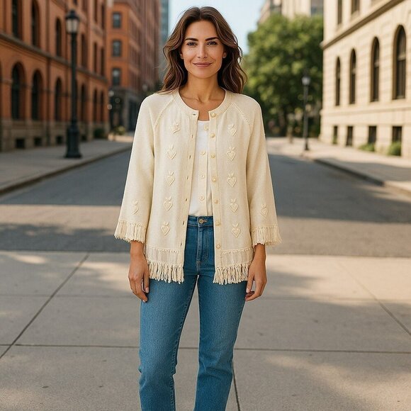 Vintage English Village Ivory Wide Bell Sleeve Fringe Button Up Cape Sweater - Picture 1 of 8